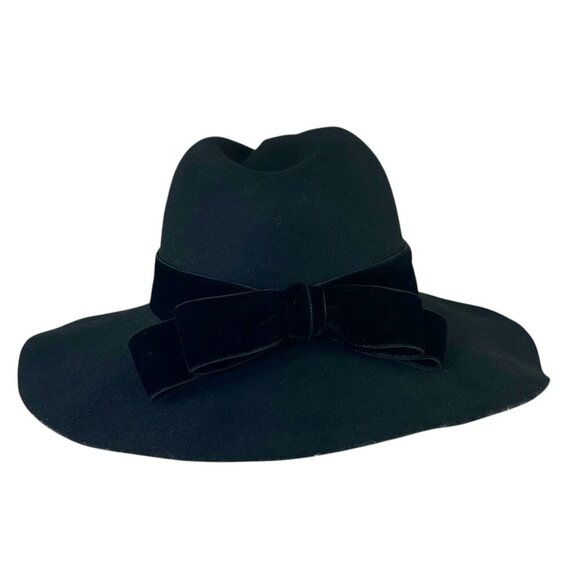Sensi Studio - Women’s Felted Wool Fedora Hat, Velvet Band, Bow - Black, Large - Picture 9 of 16